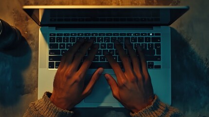 Poster - Hands Typing on Laptop in a Dimly Lit Environment