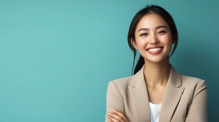 Poster - Confident Businesswoman Smiling Against Turquoise Background