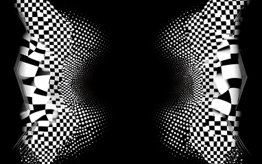Poster - Abstract black and white checkered pattern with a 3D effect that creates a tunnel-like shape in the middle.