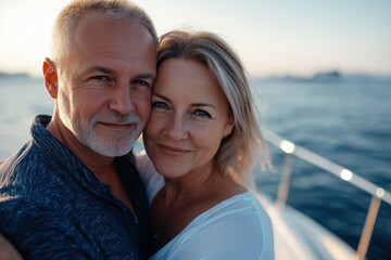 Wall Mural - A man and woman are smiling at the camera on a boat