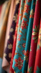 A row of colorful fabric with floral designs