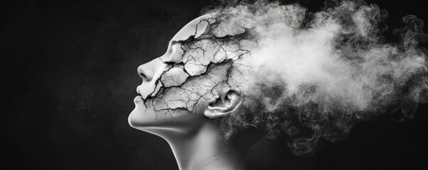 Woman with cracked skin and smoke illustrating mental health issues