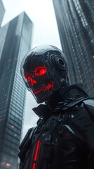 Wall Mural - Futuristic cyborg with glowing red eyes standing in cityscape