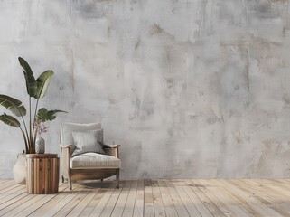 A minimalist living room with a comfortable armchair. a wooden side table. and a potted plant against a textured concrete wall