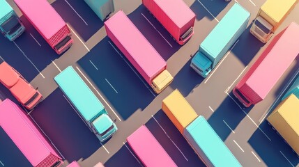 Cargo transport in import-export logistics flat design top view navigation theme 3D render colored pastel 