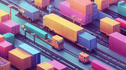 Cargo transport in import-export logistics flat design top view navigation theme 3D render colored pastel 