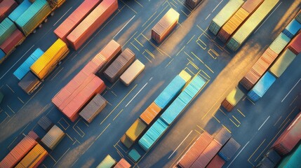 Cargo transport in import-export logistics flat design top view navigation theme 3D render colored pastel 