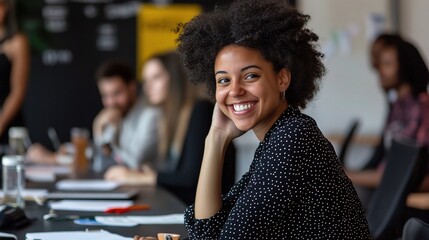 Sticker - Smiling Woman in Office Setting with Colleagues