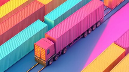 Cargo transport in import-export logistics flat design top view navigation theme 3D render colored pastel 