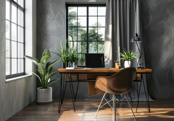 A modern home office with a large window. wooden desk. and comfortable chair. surrounded by plants The room is decorated in a minimalist style with a concrete wall and wooden floors