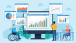 © Robert Wicher - Vector graphic of three people analyzing various charts and graphs on a monitor. One person is in a wheelchair, another stands with a tablet, and the third sits at a desk with a laptop.