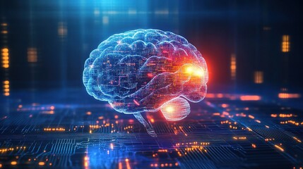 Poster - Futuristic Digital Brain with Neon Lights and Circuits
