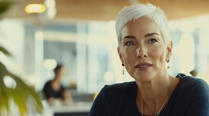 Poster - Confident Woman with Short Hair in a Modern Cafe