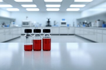 Poster - Medical vials containing red liquid on table in laboratory