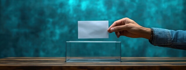 A hand placing a blank ballot into a transparent box against a textured background.