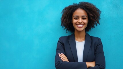 Wall Mural - Confident Young Woman Against Turquoise Background