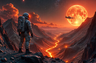 astronaut in red spacesuit on unknown hot planet with rivers of burning lava