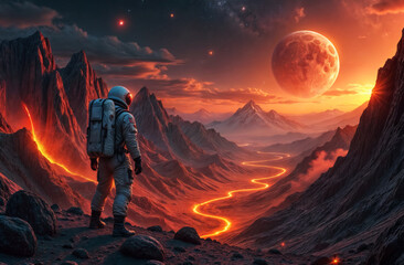 Wall Mural - astronaut in red spacesuit on unknown hot planet with rivers of burning lava