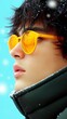 © Andrea Marongiu - Stylish young man in yellow sunglasses with snowflakes falling on his dark hair and winter jacket against a vibrant blue sky, creating warm and cool contrast; eyewear advertising poster