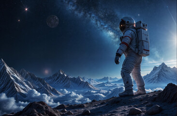 Wall Mural - astronaut in space suit on unknown rocky planet with large planet in background
