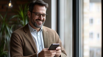 Sticker - Smiling Man Using Smartphone in Modern Setting