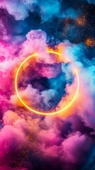 Poster - Neon circle glowing through colorful smoke and glitter dust particles