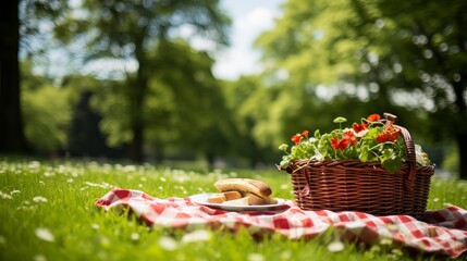 Enjoying a sunny picnic with a basket of fresh flowers and a sandwich in the park