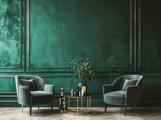 Two plush armchairs with gold accents stand facing each other in a room with a rich emerald green wall and wooden floors A small table with a vase of greenery sits between them