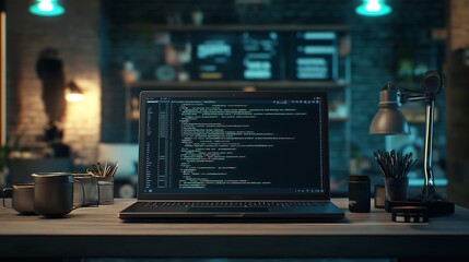 Poster - High-tech laptop displaying complex code snippets, web development tools, programmer’s workspace.