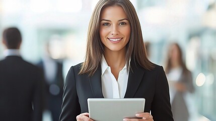 Poster - Professional Woman Holding Tablet in Modern Office Setting