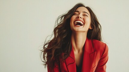 Poster - Joyful Woman Smiling with Long Hair in Red Blazer