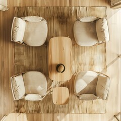 A top-down view of a living room interior with four beige armchairs arranged around a wooden coffee table on a rug A small side table is placed between two chairs. and a decorative object sits on the