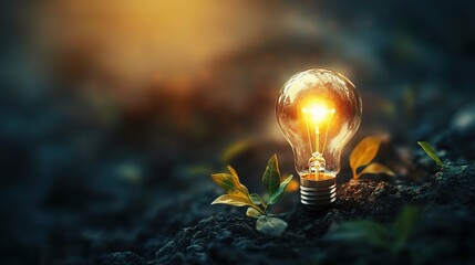 Canvas Print - Illuminated Light Bulb Among Green Leaves