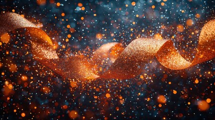 Poster - a shimmering ribbon of orange sparkles flowing through a dark space with glowing particles for a fes