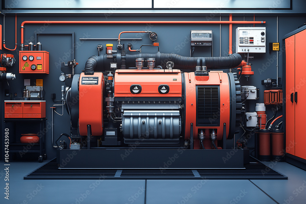 Industrial Generator room with orange and black Power Generator ...