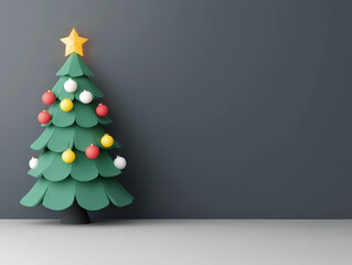 Wall Mural - festive Christmas tree adorned with colorful ornaments and star on top, bringing joy and brightness to any holiday setting