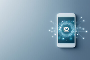 Poster - Smartphone with digital email icon, symbolizing communication and technology. Blue background, network of connections. Concept of messaging innovation.