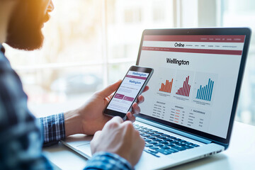 Aufkleber - Person analyzing financial data on laptop and smartphone, displaying charts and graphs, emphasizing investment and market trends.