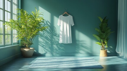 Poster - A serene living space features a white dress elegantly hanging on a hanger against a teal wall