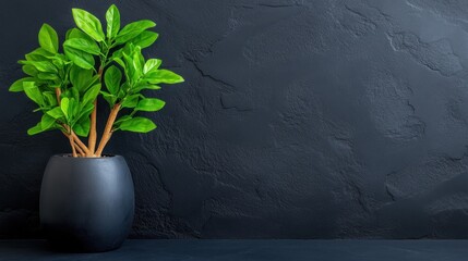 A potted plant with lush green leaves stands in a sleek black pot against a dark, textured wall, adding a fresh and lively element to the contemporary interior