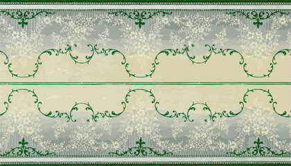  vintage floral border pattern with green swirls and white flowers on beige background.