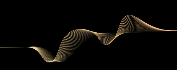 Poster - 3D vector pattern of gold waves in a smooth curve, flowing dynamic golden gradient wavy lines isolated on black background concept of luxury, digital, AI, technology, communication, science, music