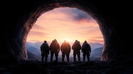 Group of survivalists explores a cave with flashlights, demonstrating skills for safe exploration of underground spaces