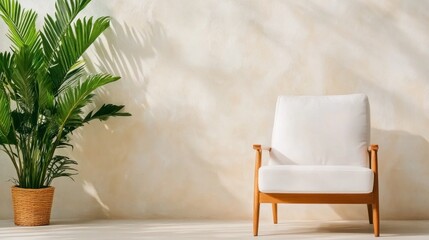 Poster - This relaxing corner features a stylish white chair with wooden armrests next to a lush green plant, illuminated by warm sunlight casting gentle shadows