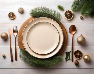Aufkleber - Wooden Christmas table setting features decorations on a white surface with empty space aro_1(758)