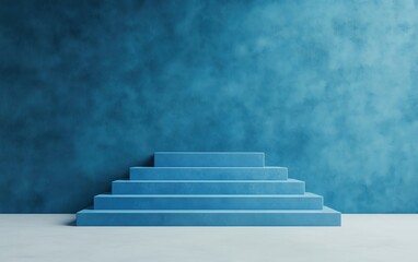 Poster - Elegant blue multitier stage in a dimly lit space, minimal design with smooth textures, monochromatic atmosphere, multitiered podium, elegant minimalism