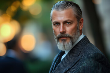 handsome male gentleman in a suit with a beard and stylish hairstyle on a blurred background with bokeh 