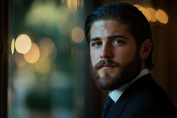 handsome male gentleman in a suit with a beard and stylish hairstyle on a blurred background with bokeh 