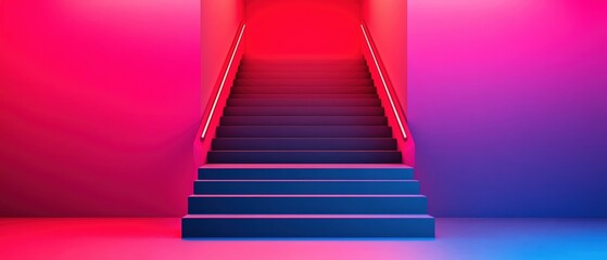 Poster - Geometric staircase with neon accents, a blend of soft red and blue light, modern minimalist architecture, clean and futuristic, geometric stairs, neon accents