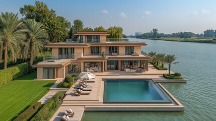 Modern luxury home with a pool overlooking a canal.